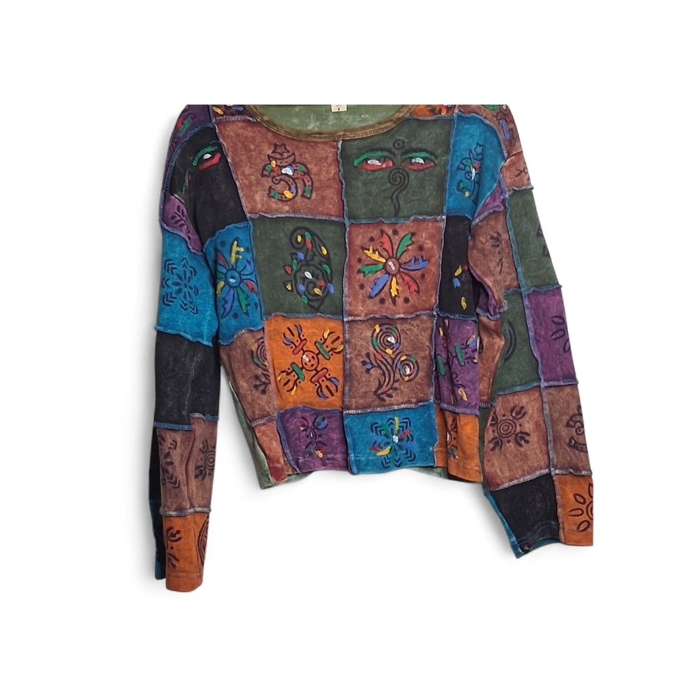 EUC Women's Bohemian Patchwork Top Sm. Pullover Festival Long Sleeves - Picture 3 of 9